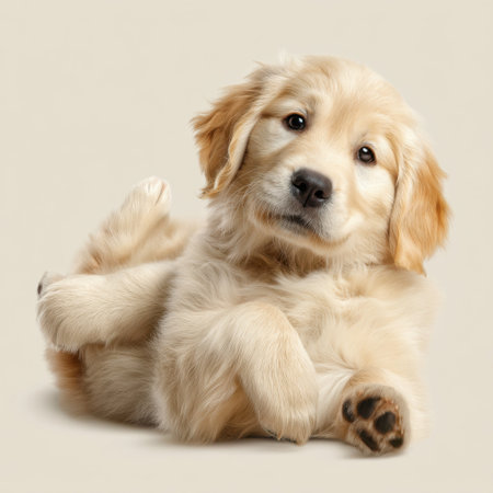 A cute golden retriever puppy shows a sweet expression while lying on its back. Its fluffy coat and playful demeanor evoke joy and warmth. Perfect for animal lovers.の素材