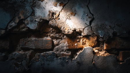 This image showcases a textured wall with a cracked surface revealing exposed bricks. Soft light highlights create a dramatic contrast.の素材