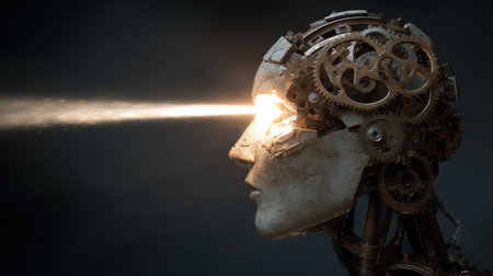 This captivating image showcases a futuristic robot head composed of intricate mechanical gears, with a glowing eye that emits light, set against a dark background.の素材