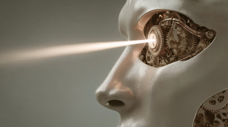 A striking image of a futuristic humanoid robot featuring intricate mechanical details and a protruding laser beam from its eye, symbolizing advanced technology and innovation.の素材