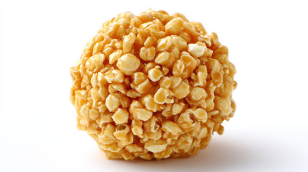 This image features a caramel popcorn ball, showcasing its golden texture and inviting sweetness. Perfect for food-related projects or snack advertisements.の素材