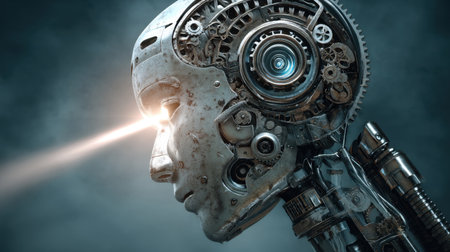 This striking image features a close-up view of a futuristic robot head showcasing intricate mechanical details and a glowing eye, embodying the essence of artificial intelligence and technological advancement.の素材