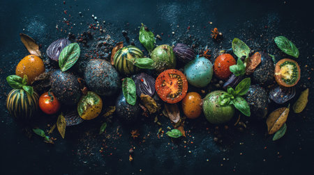 A beautifully arranged collection of fresh vegetables and aromatic herbs posed against a dark background, showcasing vibrant colors and textures.の素材