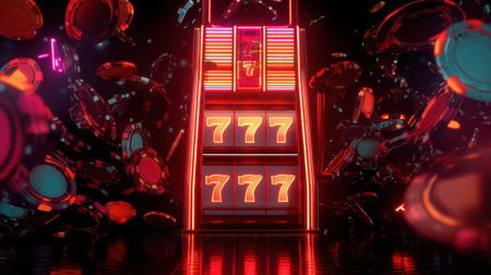 A vibrant neon slot machine displaying lucky sevens is surrounded by colorful casino chips. This exciting scene captures the thrill of gambling within a dark gaming environment.の素材