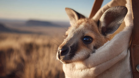 A close-up of a precious kangaroo joey nestled in a cozy pouch, showcasing its endearing expression against a stunning sunrise landscape.の素材