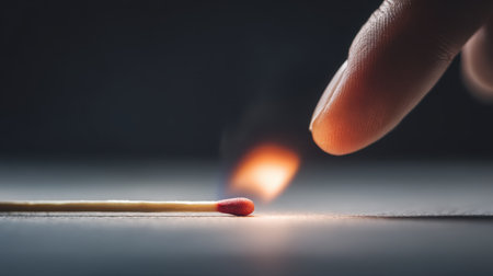 A dramatic close-up image showing a finger poised to ignite a matchstick, with a small flame beginning to flicker. The contrasting light and dark background enhances the visual tension and focus on the ignition moment. Perfect for themes of creativity, warmth, and the subtle beauty of fire.の素材
