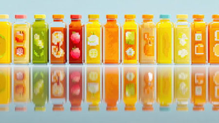 A collection of pixel art inspired juice bottles in vibrant colors showcasing fruit illustrations, reflecting a playful and artistic beverage design.の素材