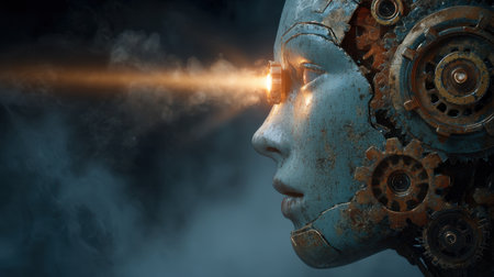 This striking image showcases a futuristic robotic face featuring intricate steampunk elements. The glowing eye and gears evoke themes of technology, innovation, and artificial intelligence, making it perfect for creative projects in science and design.の素材