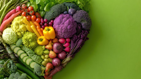 A vibrant heart-shaped display of assorted fresh vegetables set against a striking green backdrop, representing health, vitality, and nutrition.の素材