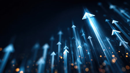 An abstract visualization featuring dynamic blue arrows signifying growth and progress against a dark background with glowing elements.の素材