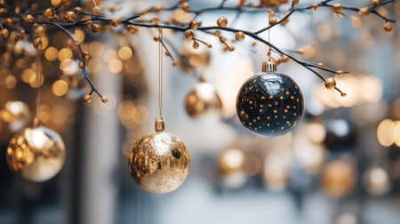 Beautiful holiday ornaments in gold and black hang gracefully from a delicate branch, creating a joyful ambiance. Warm bokeh lights add magic.の素材