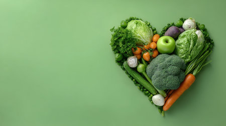 Vibrant arrangement of fresh vegetables shaped like a heart, showcasing a commitment to healthy eating and sustainability. Perfect for organic lifestyle themes.の素材