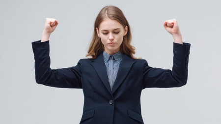 A young businesswoman stands confidently in a professional suit, showcasing strength and determination with a power pose. Perfect for themes of success and empowerment.の素材