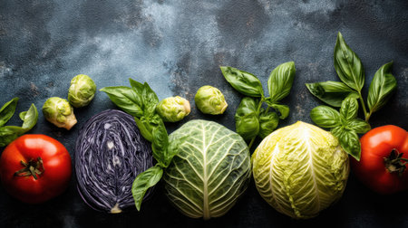 An artistic arrangement of fresh vegetables and herbs on a textured surface. This colorful display includes tomatoes, cabbages, and basil, ideal for promoting healthy eating and culinary creativity.の素材