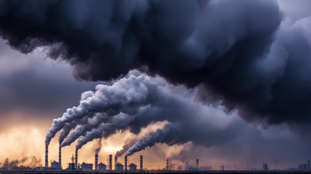 Image of thick, dark smoke billowing from industrial smokestacks under a stormy sky, illustrating the impact of pollution on the environment.の素材