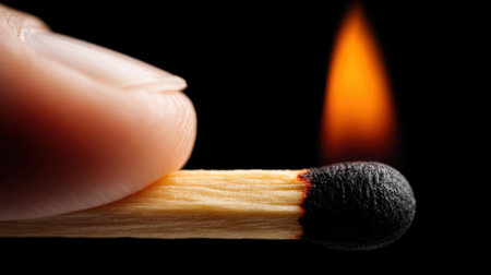 A detailed close-up image showcasing a hand igniting a matchstick with a vibrant flame, set against a stark black background.の素材