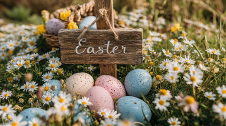 Discover a vibrant Easter scene featuring colorful eggs surrounded by wildflowers and a charming sign, perfect for seasonal celebrations.の素材