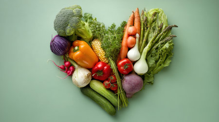 This stock photo showcases a heart shape created with an assortment of colorful vegetables on a soft light background. Perfect for promoting healthy eating and nutrition concepts.の素材