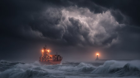 A striking scene depicts a cargo ship navigating through tumultuous waves under a stormy sky, with a lighthouse illuminating the dark clouds.の素材