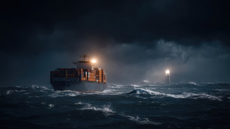 A cargo ship struggles through turbulent waters on a stormy night. The scene captures the lighthouse's guiding light amidst dark clouds and high waves.の素材
