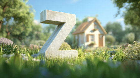 A stunning 3D representation of the letter Z surrounded by a vibrant meadow and a charming house, perfect for creative designs and nature themes.の素材