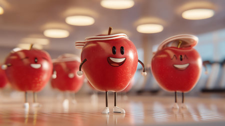 Delightful animated apples with charming faces and joyful expressions create an uplifting atmosphere, ideal for playful designs and cheerful themes.の素材
