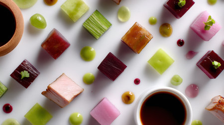 A visually striking arrangement of gourmet sushi featuring vibrant cubes of fish and vegetables, artfully presented against a clean white background.の素材