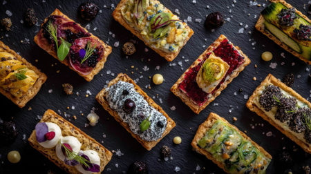 An exquisite display of gourmet tarts showcasing vibrant toppings on a dark stone surface, ideal for culinary photography and food art.の素材
