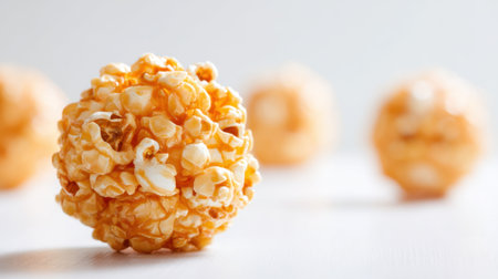 This image features a close-up of a caramel-coated popcorn ball, perfect for enhancing snack and dessert themes. Ideal for food enthusiasts.の素材