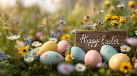 A delightful Easter scene featuring pastel-colored eggs nestled among bright spring flowers and a rustic wooden sign reading "Happy Easter."の素材