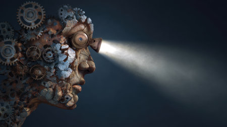 This surreal artwork features a human face made of gears and machinery, with a beam of light symbolizing creativity and innovation.の素材