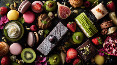 A visually striking arrangement of gourmet desserts and pastries featuring fresh fruits and floral accents, perfect for culinary events.の素材