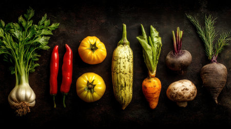 A vibrant arrangement of fresh organic vegetables showcasing garlic, tomatoes, peppers, carrots, beets, and mushrooms on a dark surface. Perfect for culinary inspiration and healthy cooking.の素材