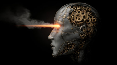 This stunning image showcases a futuristic robot head featuring intricate gears, steam, and a mesmerizing red laser eye effect. Ideal for showcasing themes of technology and innovation.の素材