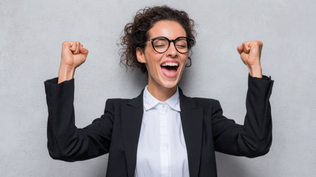 A joyful business woman expressing excitement and satisfaction in her professional setting, celebrating a significant achievement with enthusiasm and positivity.の素材
