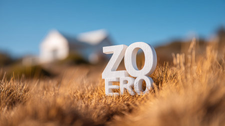 A creative depiction of the word "Zero" set against a natural backdrop, capturing a serene moment with a blurred house in the distance.の素材