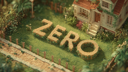 An enchanting outdoor scene featuring the word ZERO creatively formed with grass, surrounded by a beautiful home and vibrant garden.の素材