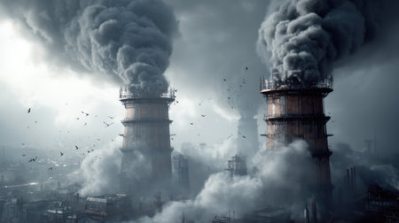 An industrial scene featuring towering cooling structures releasing thick plumes of smoke against a moody backdrop. This image captures the stark reality of pollution in urban environments.の素材