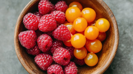 A wooden bowl filled with fresh raspberries and yellow berries showcases vibrant colors against a gray background, perfect for promoting healthy eating.の素材