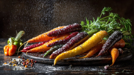 A stunning display of fresh carrots in various colors, artfully arranged on a rustic wooden table, sprinkled with spices and herbs.の素材