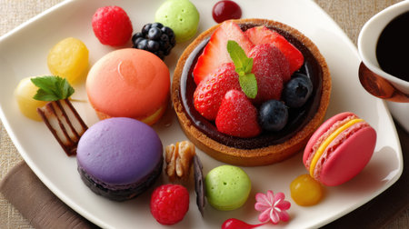 A vibrant dessert platter featuring a variety of macarons, a fruit tart topped with fresh berries, and a cup of coffee, perfect for any occasion.の素材