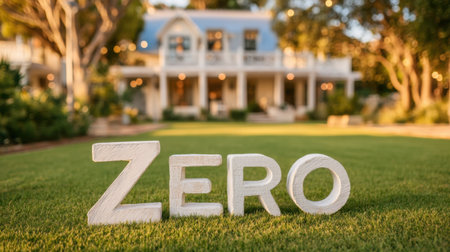 The image showcases the word "ZERO" formed by white stone letters placed on a lush green lawn, set against a charming house at sunset.の素材