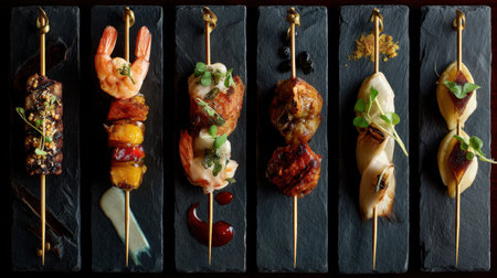 A stunning arrangement of gourmet skewers featuring grilled proteins, vibrant vegetables, and creative garnishes on a slate dish, perfect for any dining occasion.の素材
