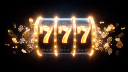 This vibrant image showcases a slot machine displaying lucky jackpot symbols along with flying coins, emphasizing excitement and the thrill of gambling.の素材