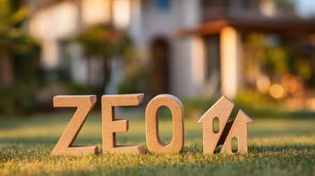 A creative representation of home ownership and finance with letters and a house symbol placed in a beautiful outdoor lawn setting.の素材