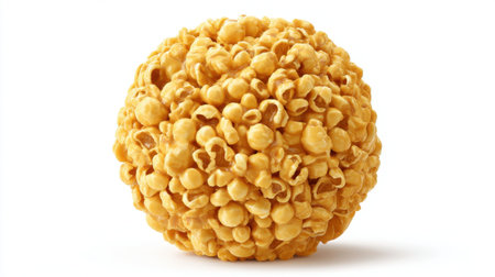 This vibrant image features a playful spherical ball of golden popcorn, perfect for enhancing snack time or party themes. Ideal for fun food ideas!の素材