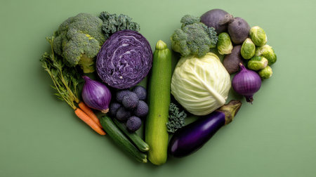 A vibrant heart-shaped arrangement of fresh vegetables on a soft green background, symbolizing health, love for nutrition, and plant-based meals.の素材