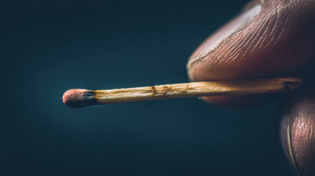 This image showcases a close-up view of a single matchstick held delicately between fingers against a dark background. The texture and detail of the match head are vividly captured, emphasizing its flammable properties, ideal for concepts of ignition and fire-starting.の素材