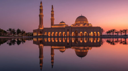 This stunning image showcases a mosque at sunset, with its reflection mirrored in calm waters, surrounded by palm trees, evoking a sense of peace and awe.の素材