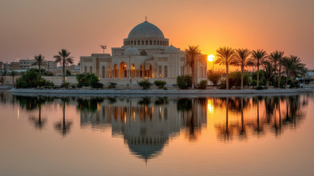 Experience the breathtaking beauty of a traditional mosque during sunset, with its stunning reflection in serene water, framed by palm trees.の素材